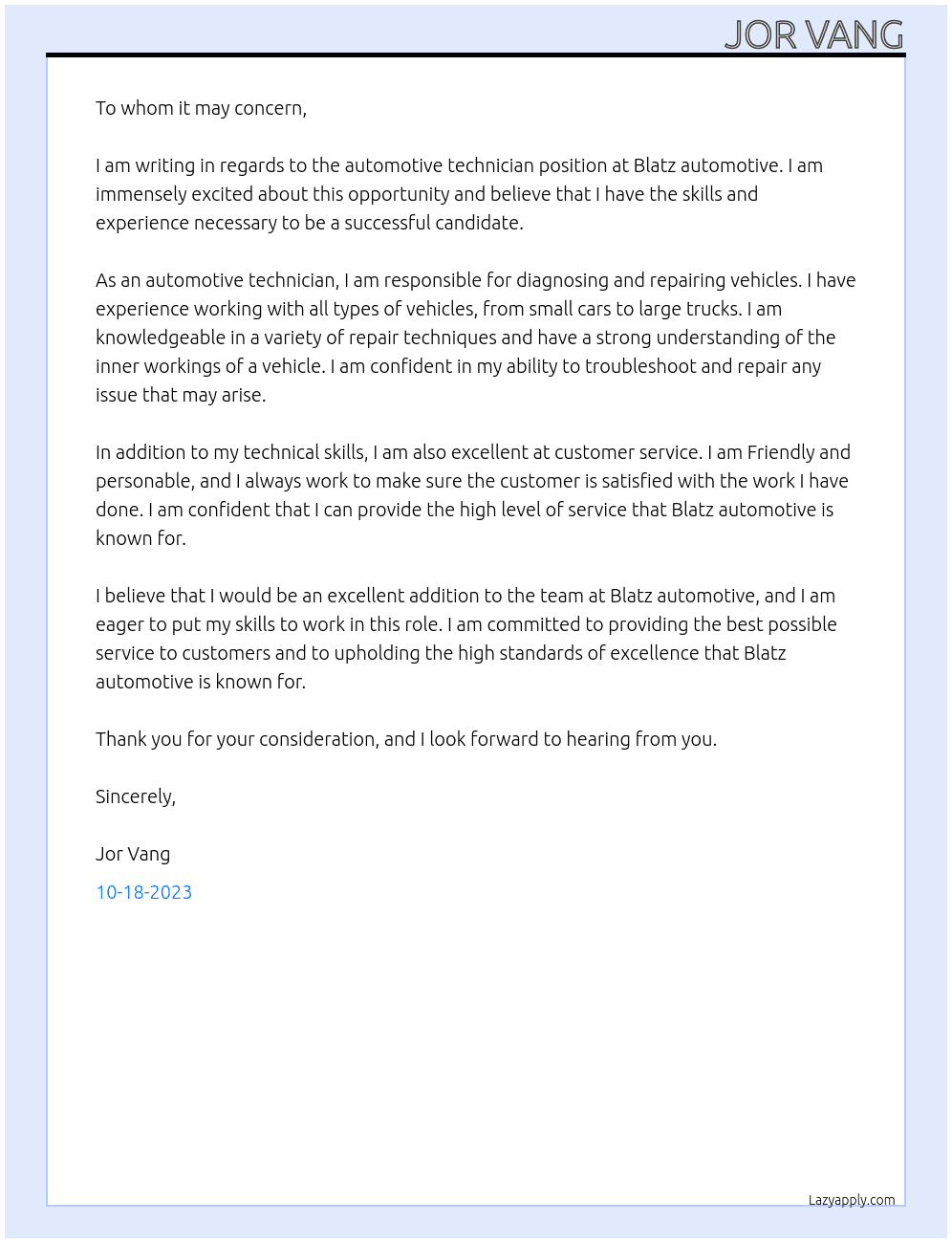 Automotive Technician At Blatz automotive Cover Letter