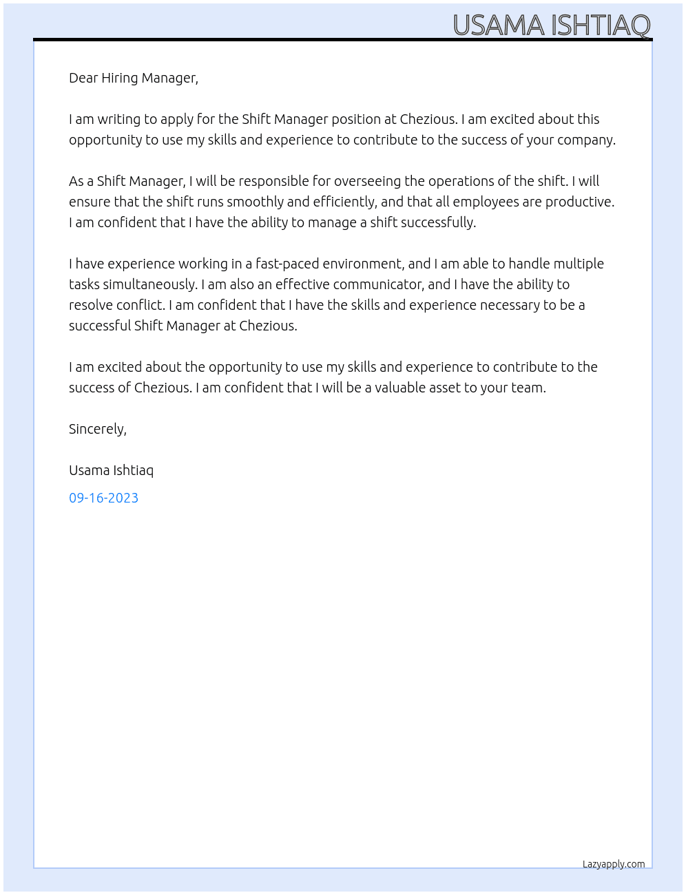 Shift Manager  At Chezious  Cover Letter
