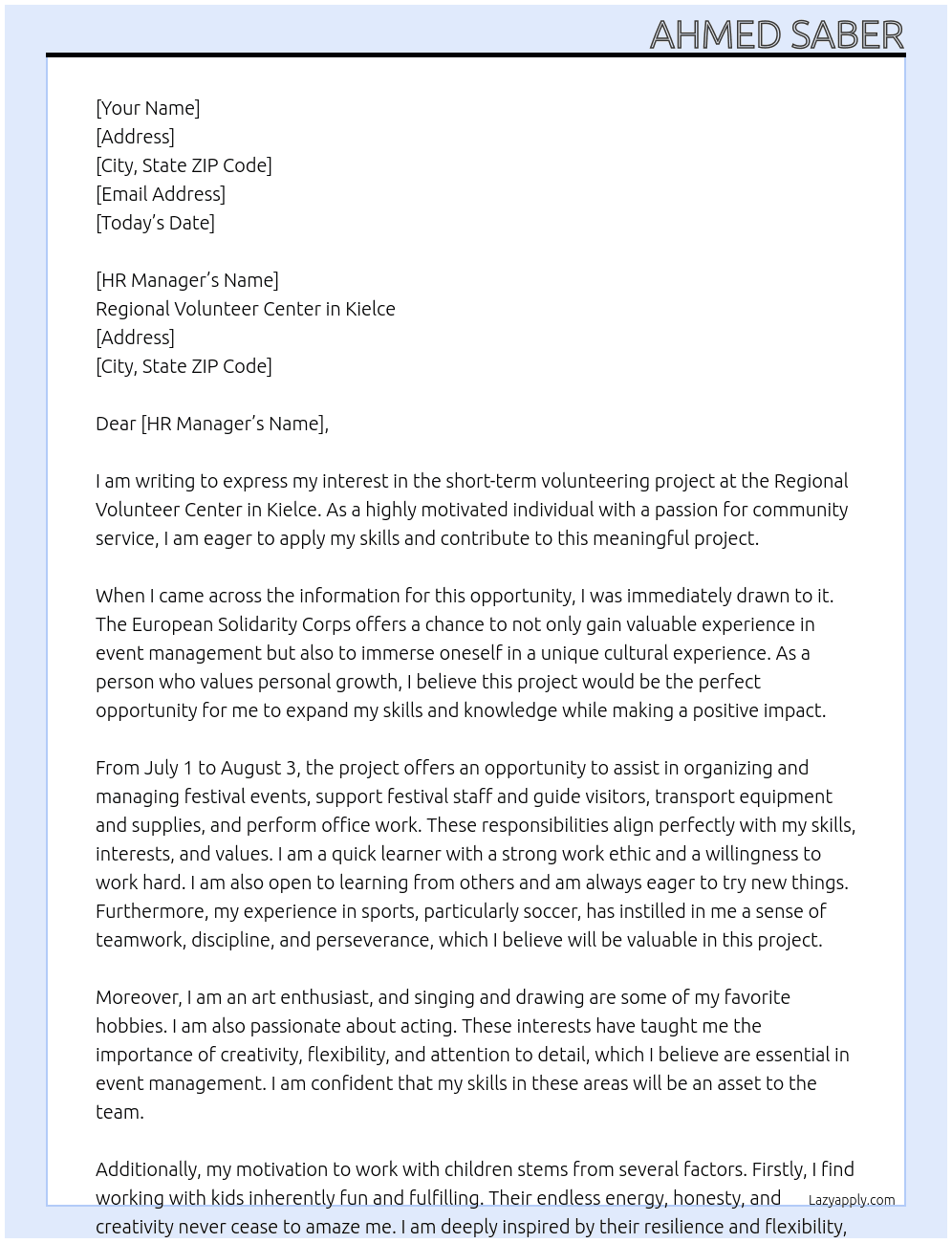 Volunteer - Short term volunteering project  At Regional Volunteer Center in Kielce  Cover Letter