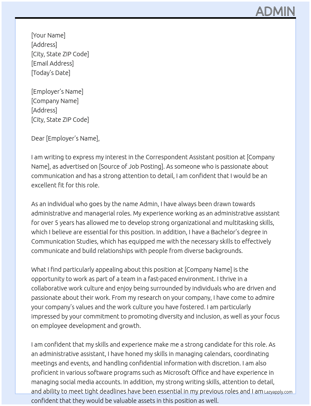 correspondent assistant At Admin Cover Letter