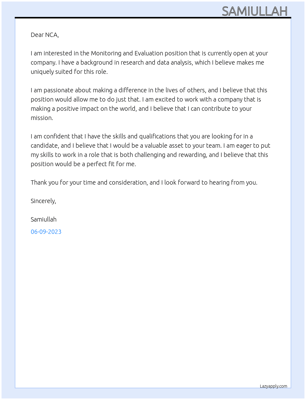 Monitoring and evaluation  At NCA Cover Letter