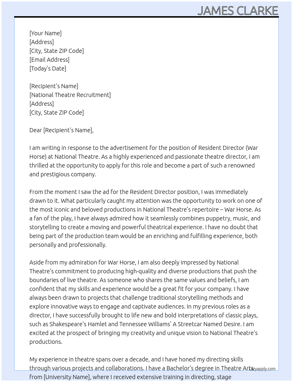 Resident Director (War Horse) At National Theatre Cover Letter