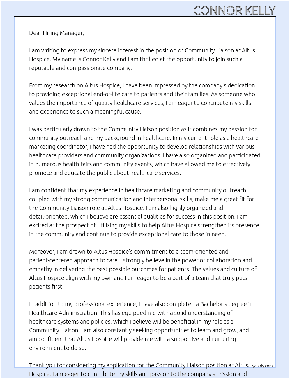 Community Liason At Altus Hospice Cover Letter