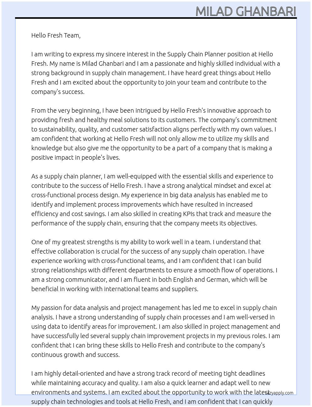 Supply Chain Planner At Hello Fresh Cover Letter