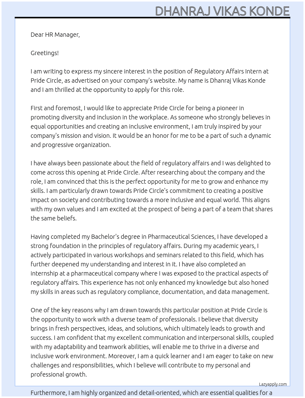 Regulatory Affairs Intern  At Pride Circle Cover Letter