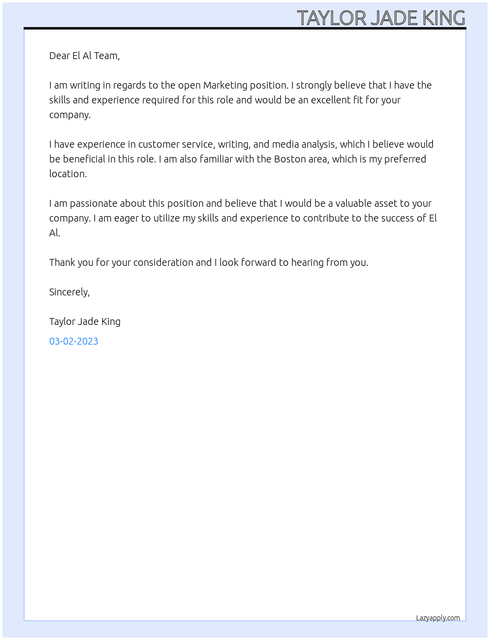 Marketing At El Al Cover Letter