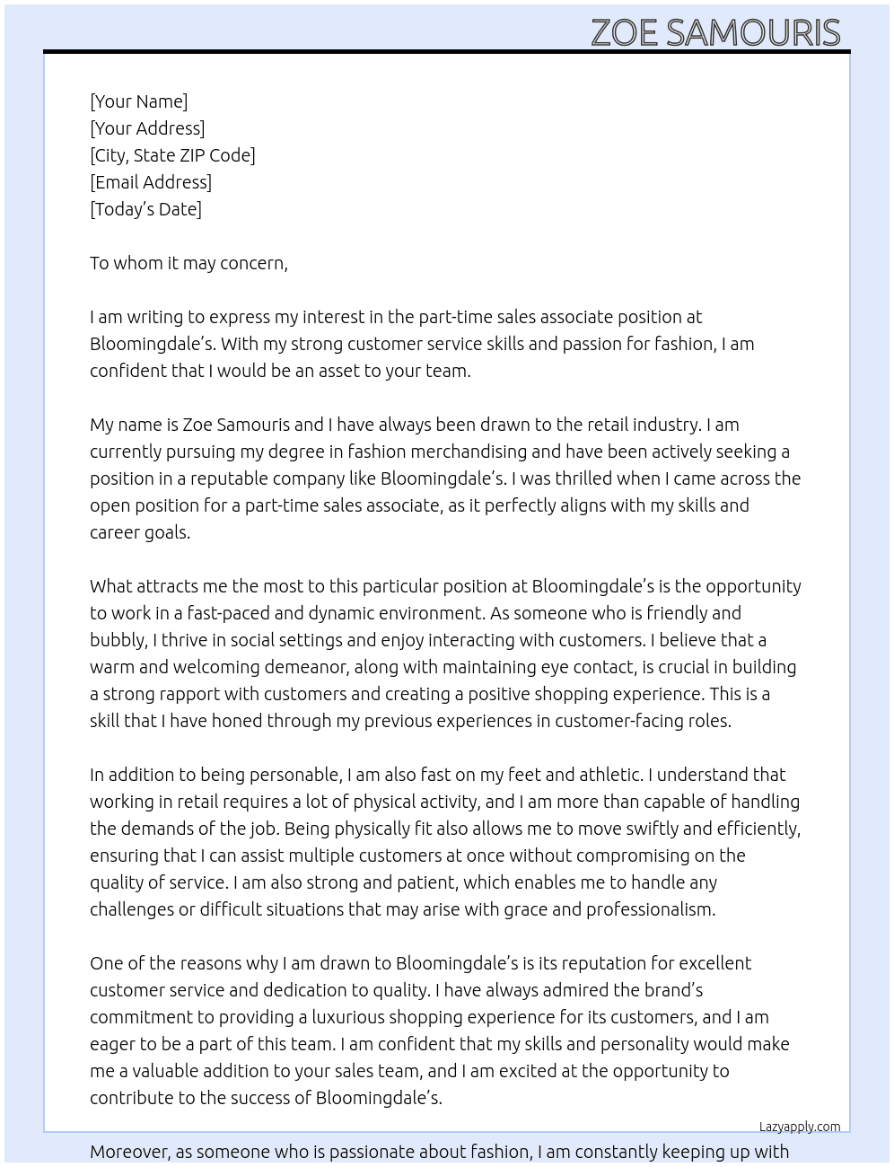 Part time sales associate  At Bloomingdale's Cover Letter