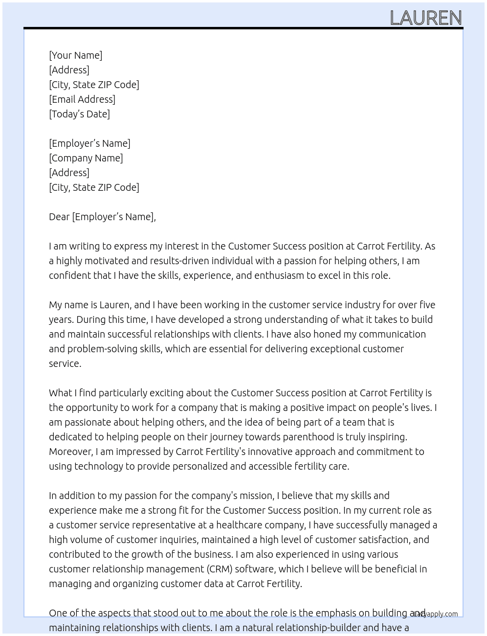 Customer Success At Carrot Fertility Cover Letter