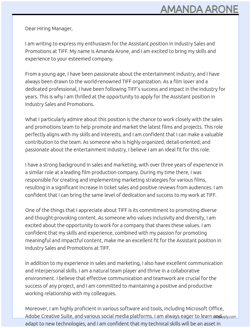 Assistant, Industry Sales and Promotions At TIFF Cover Letter