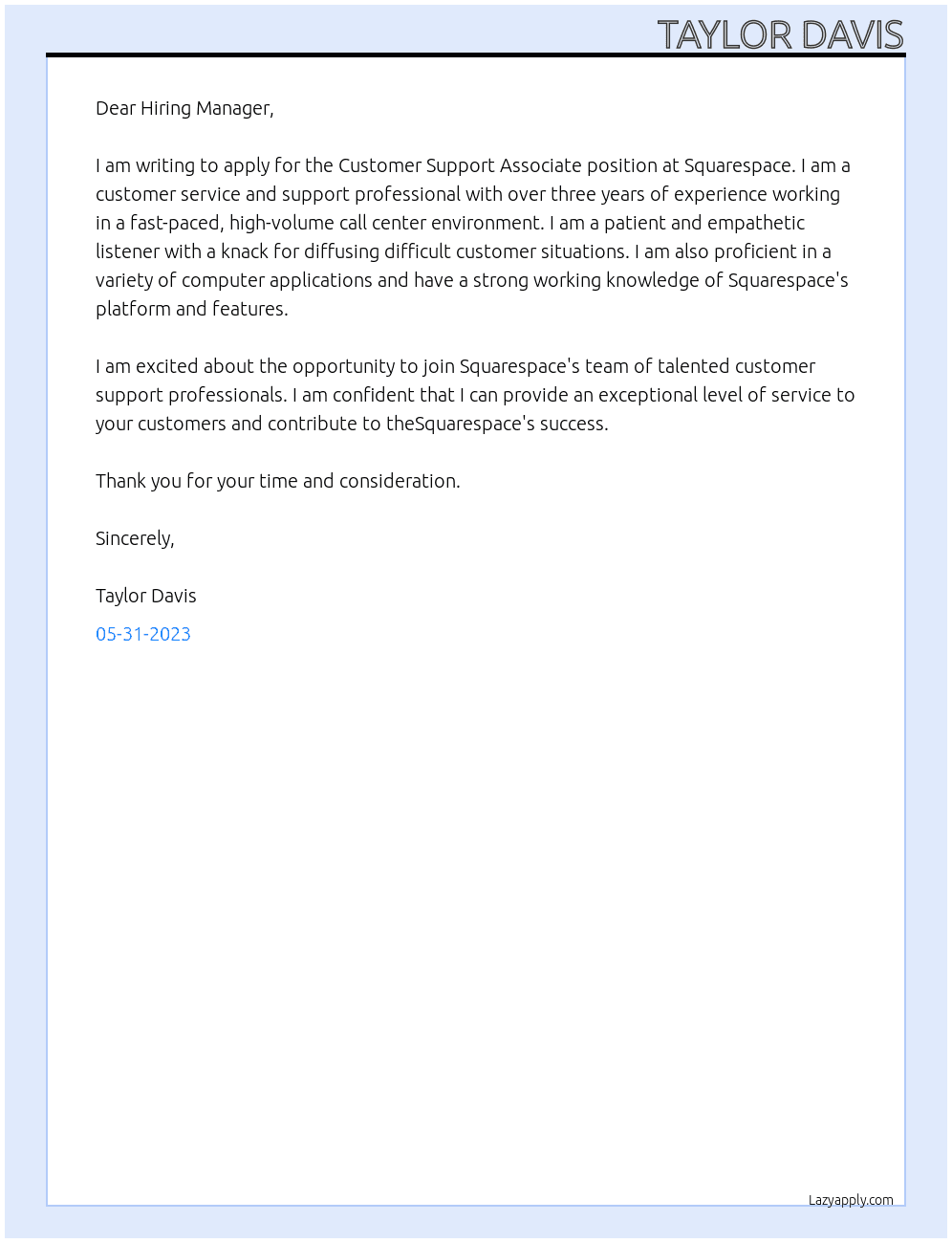 Customer Support Associate At Squarespace Cover Letter