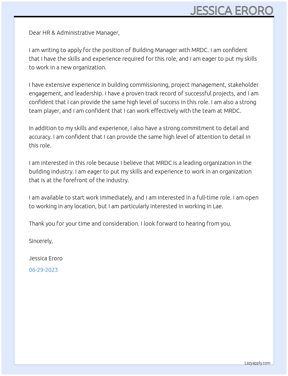 Building Manager At MRDC Cover Letter
