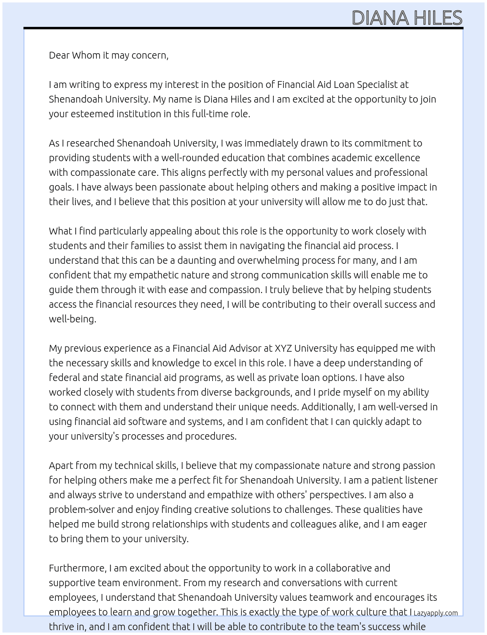 Financial Aid Loan Specialist  At Shenandoah University  Cover Letter