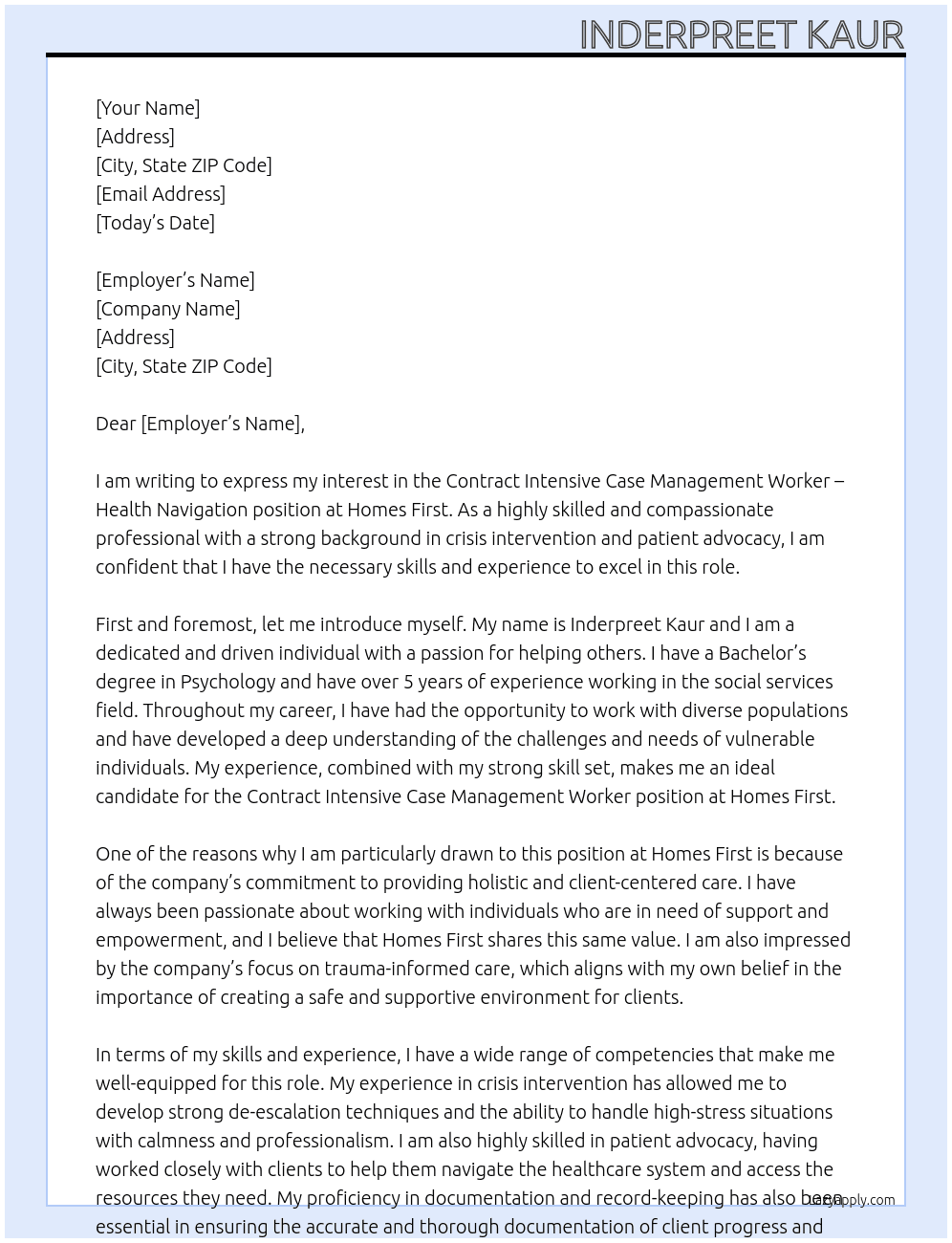Contract Intensive Case Management Worker – Health Navigation At Homes First Cover Letter