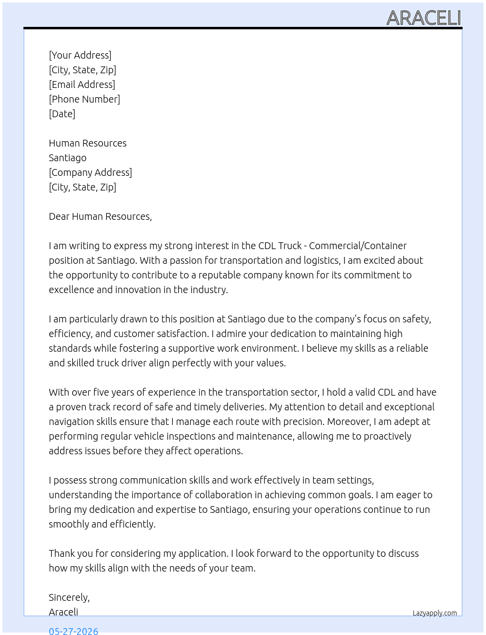CDL Truck - Commercial/ Coantainer  At Santiago  Cover Letter