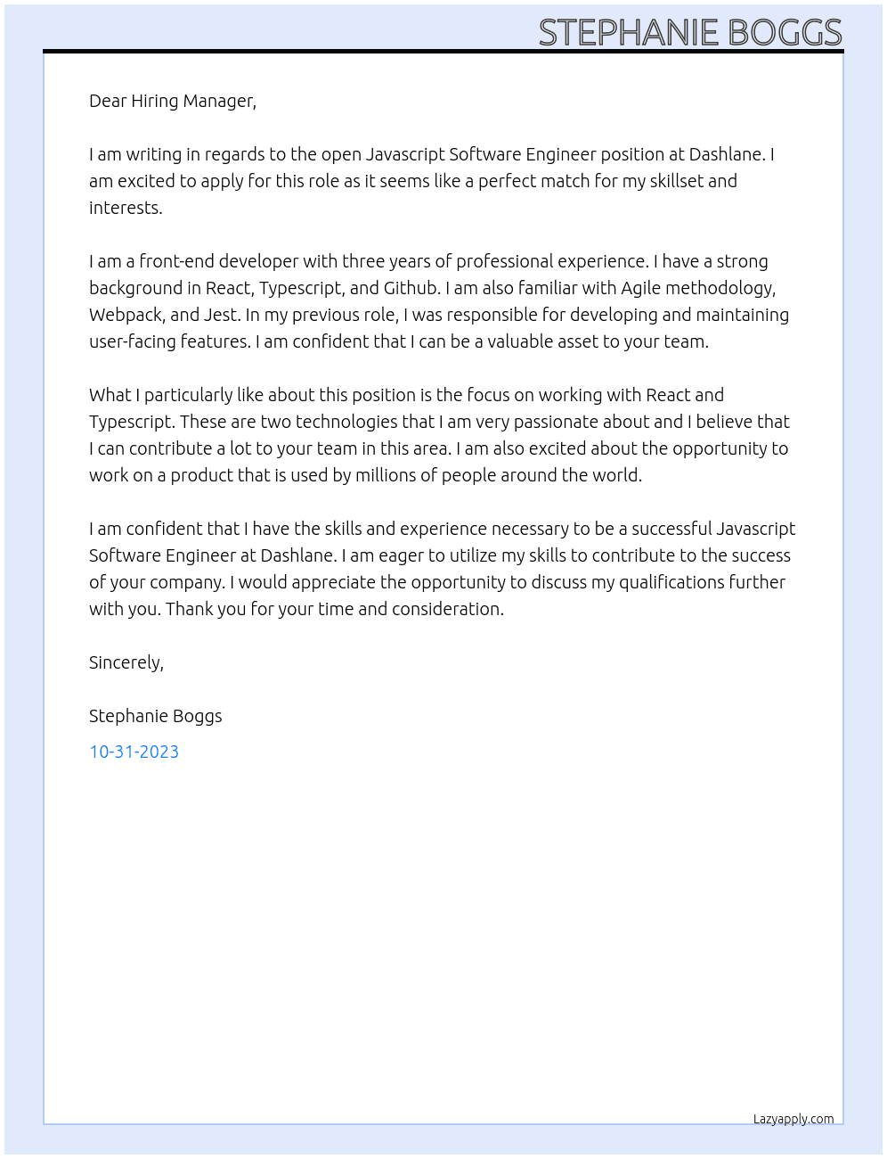 Javascript Software Engineer At Dashlane Cover Letter