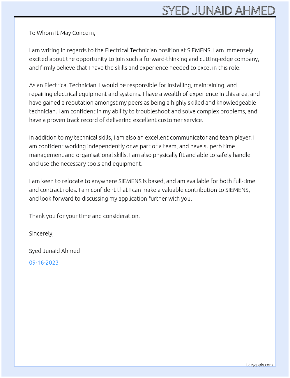 Electrical Technician At SIEMENS Cover Letter