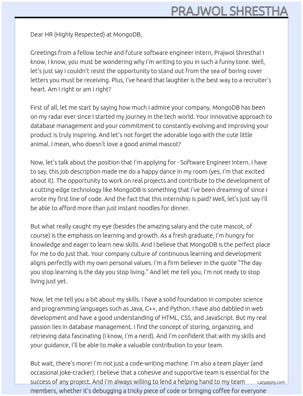 Software Engineer Intern At MongoDB Cover Letter