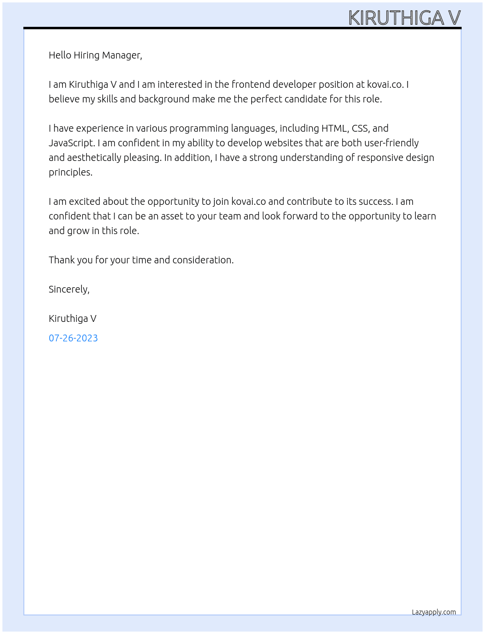 frontend developer At kovai.co Cover Letter