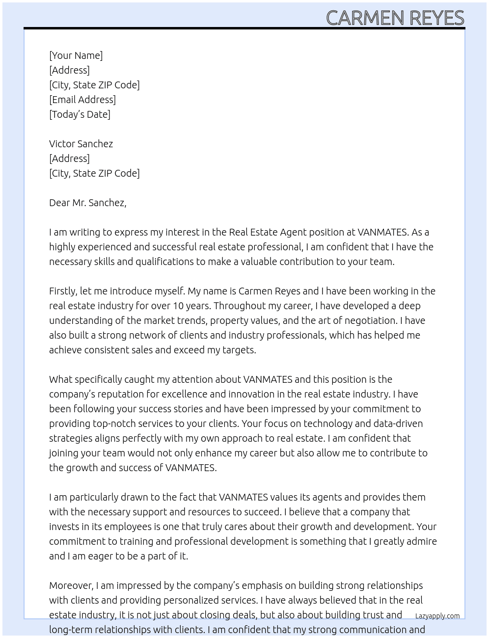 Real Estate Agent At VANMATES Cover Letter