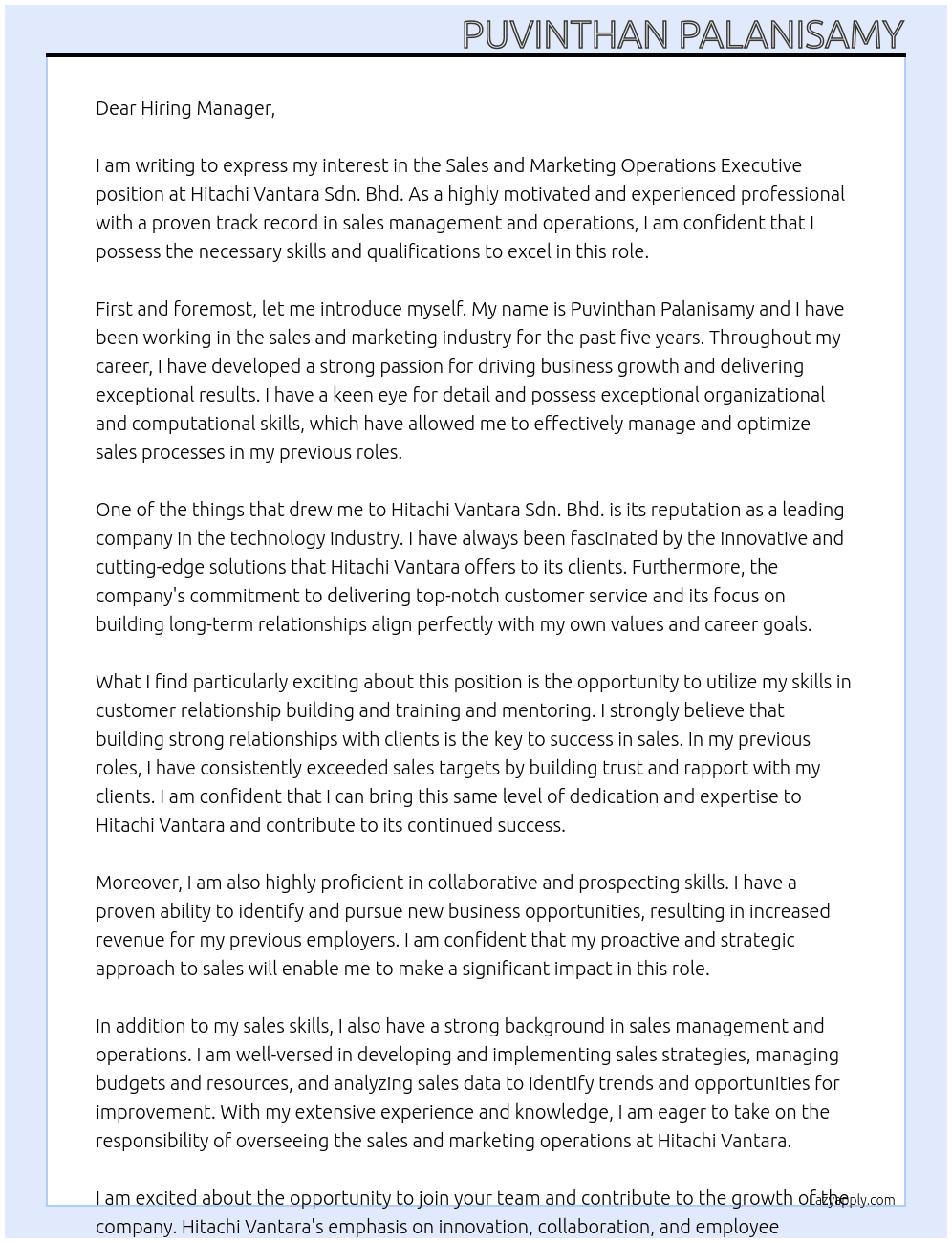 Sales and Marketing Operations Executive At Hitachi Vantara Sdn. Bhd. Cover Letter