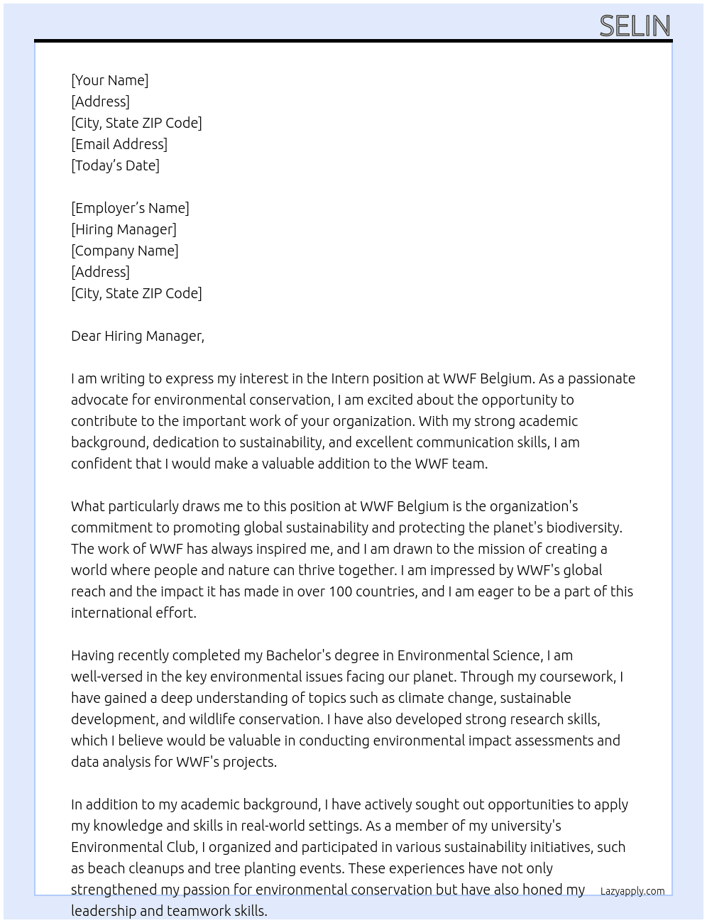 Intern At WWF Belgium Cover Letter
