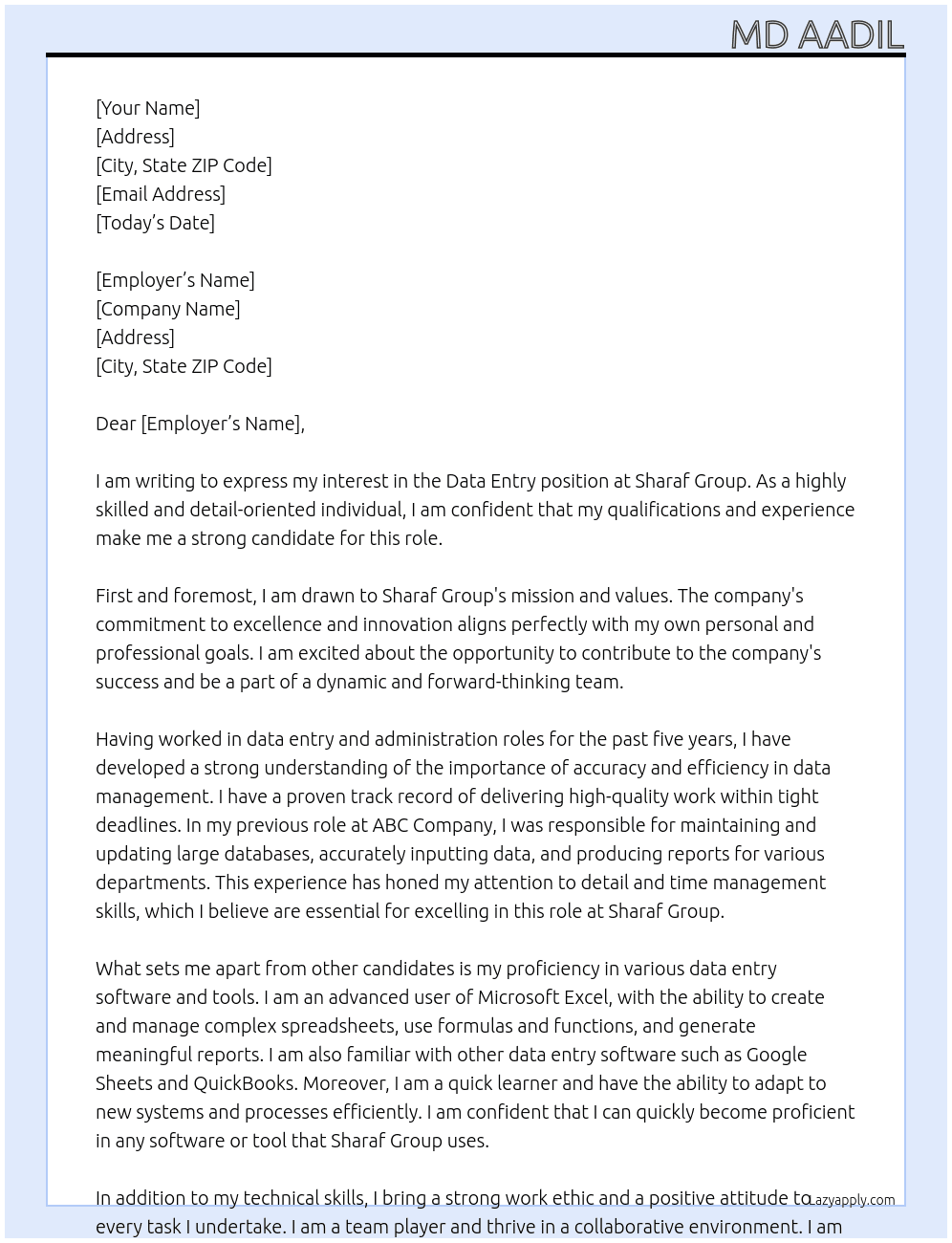 Data Entry At Sharaf Group Cover Letter