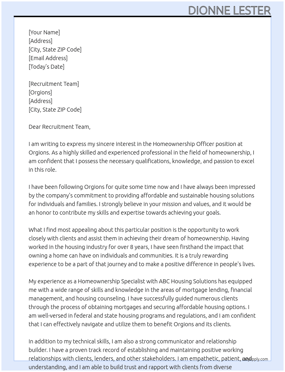 Home onwership officer  At orgions  Cover Letter