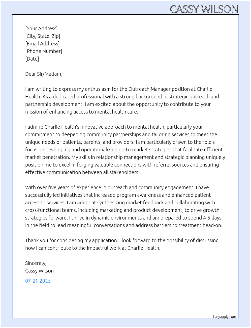 Outreach Manager At Charlie Health Cover Letter