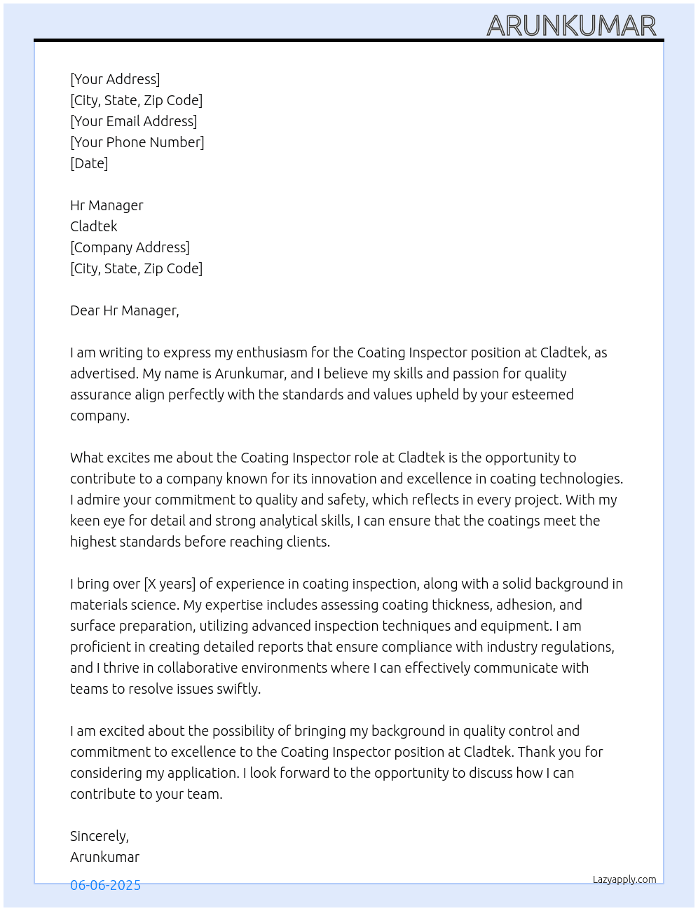 Cover letter for coating inspector - LazyApply