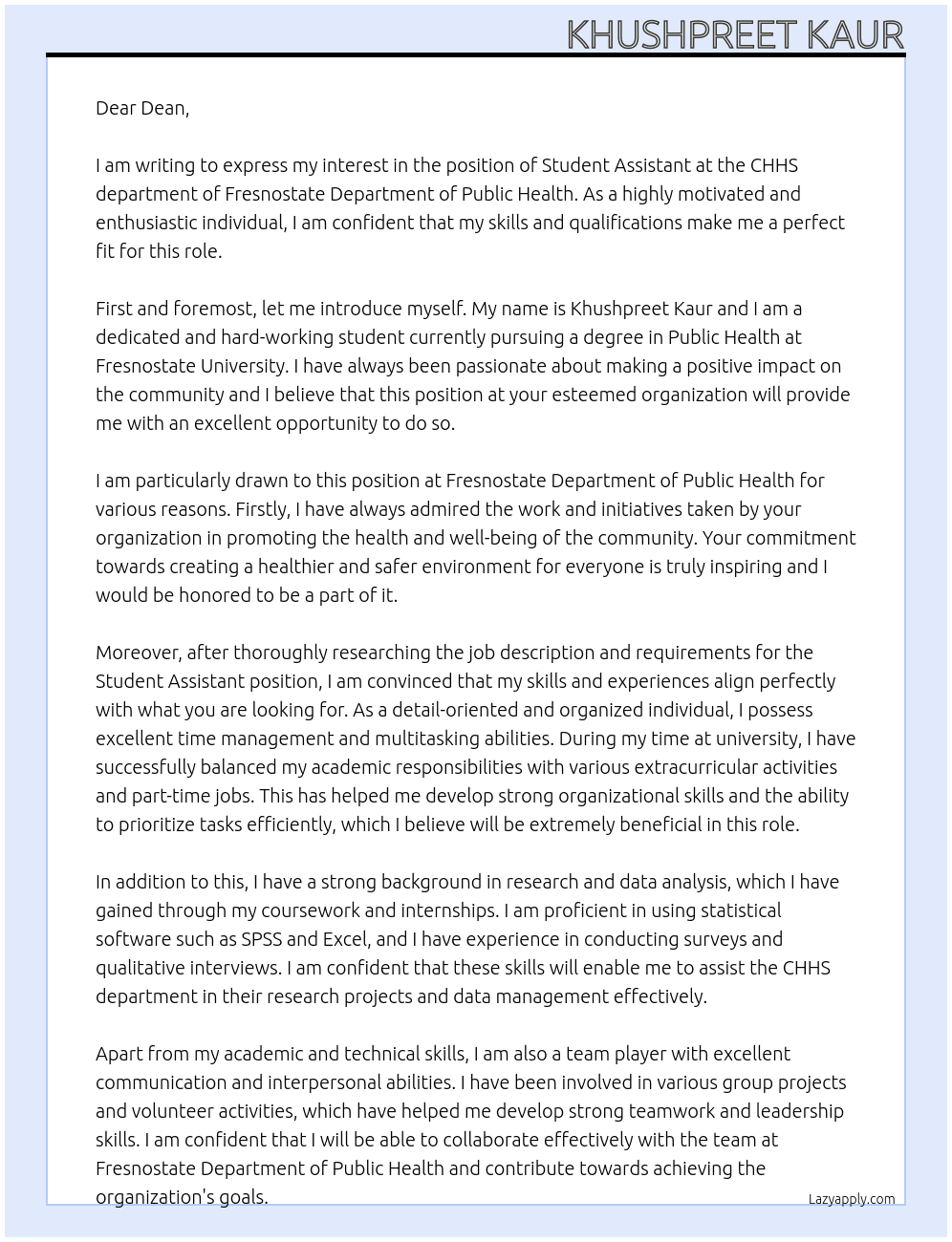 student assistant at CHHS At Fresnostate Department of Public Health Cover Letter