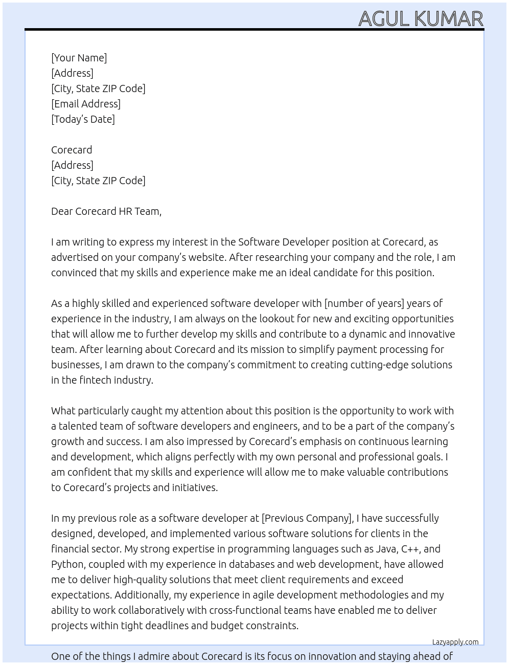 Software Developer At Corecard Cover Letter