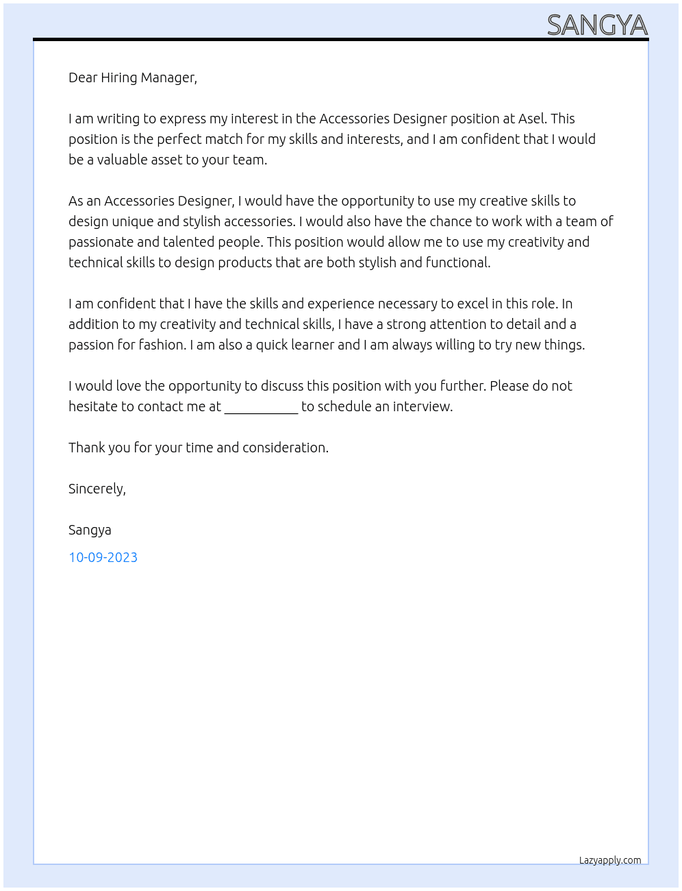 Accessories Designer At Asel Cover Letter