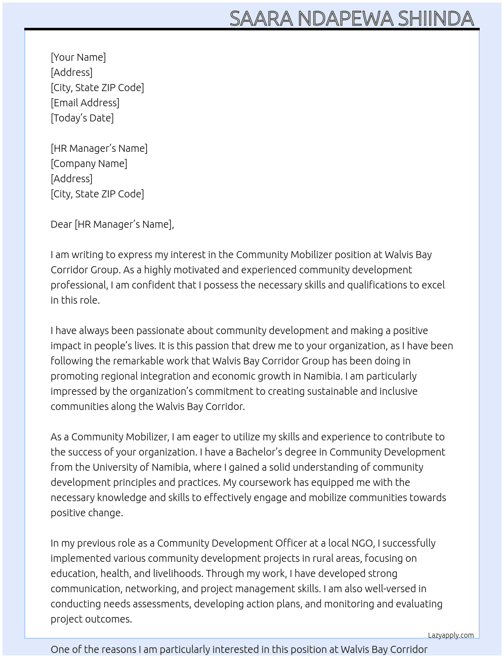 Community mobilizer At walvis bay corridor group Cover Letter