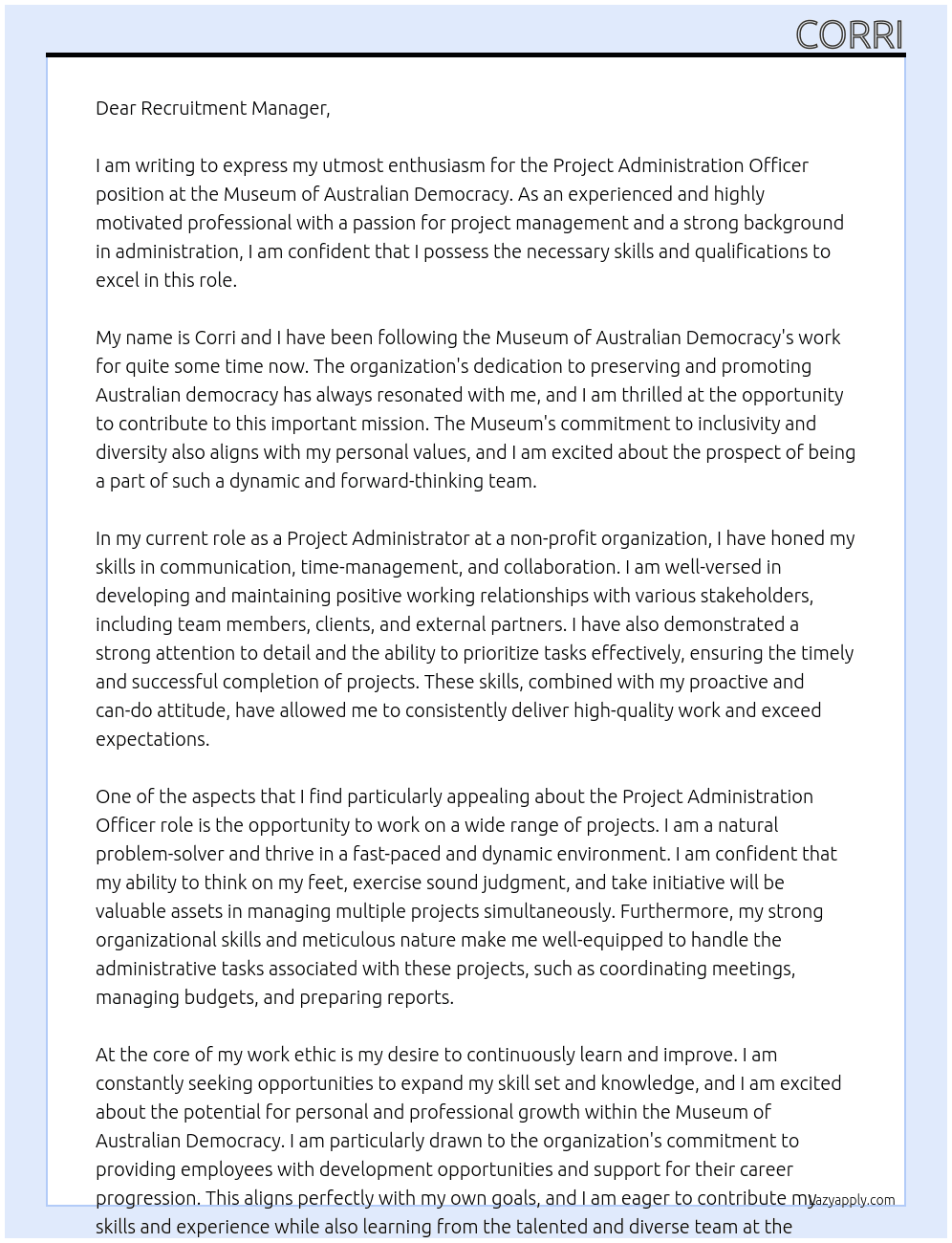 Project Administration Officer At Museum of Australian Democracy Cover Letter