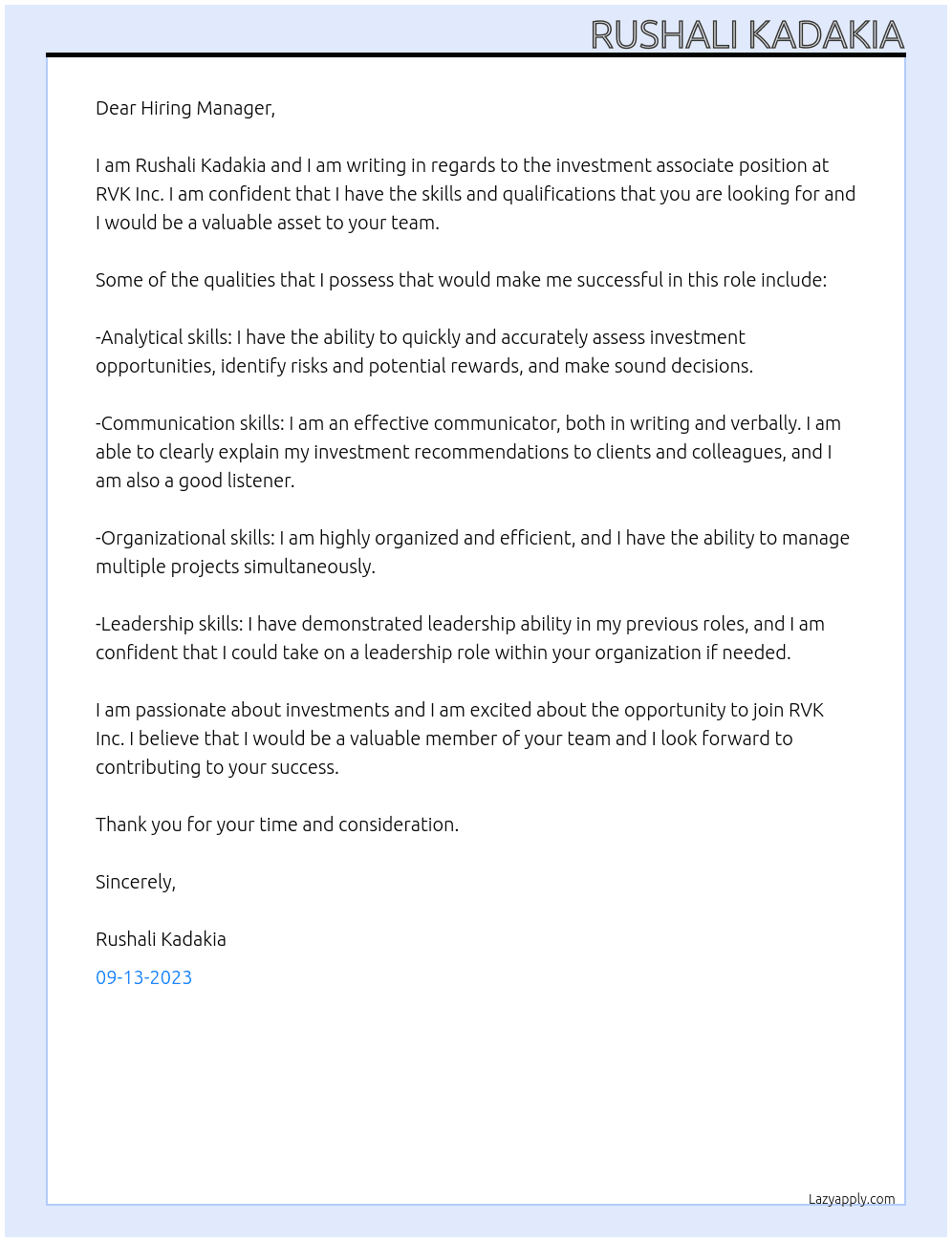 Investment associate At RVK Inc Cover Letter