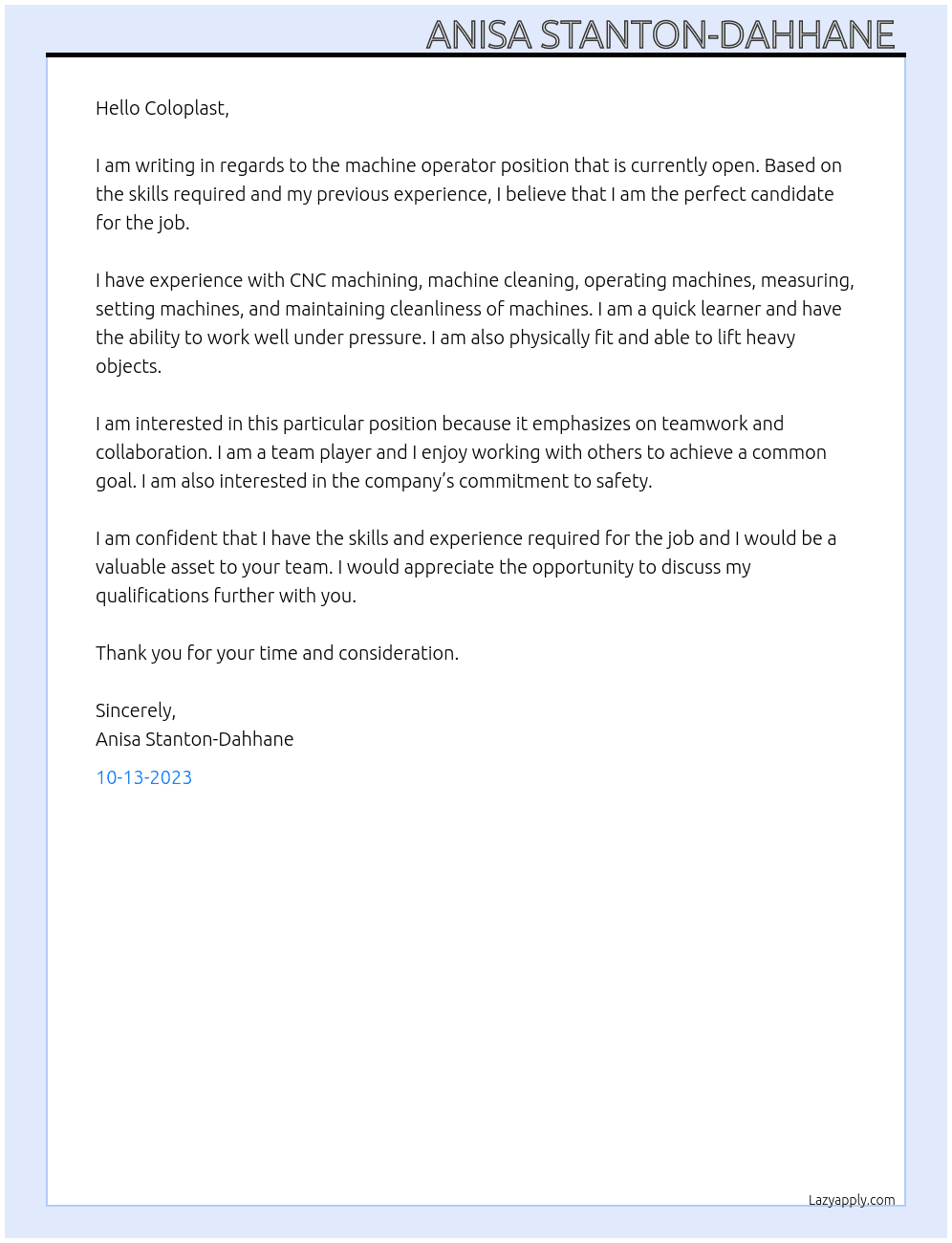 Machine operator  At Coloplast Cover Letter