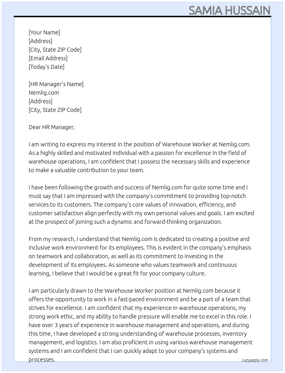 Warehouse worker At Nemlig.com Cover Letter