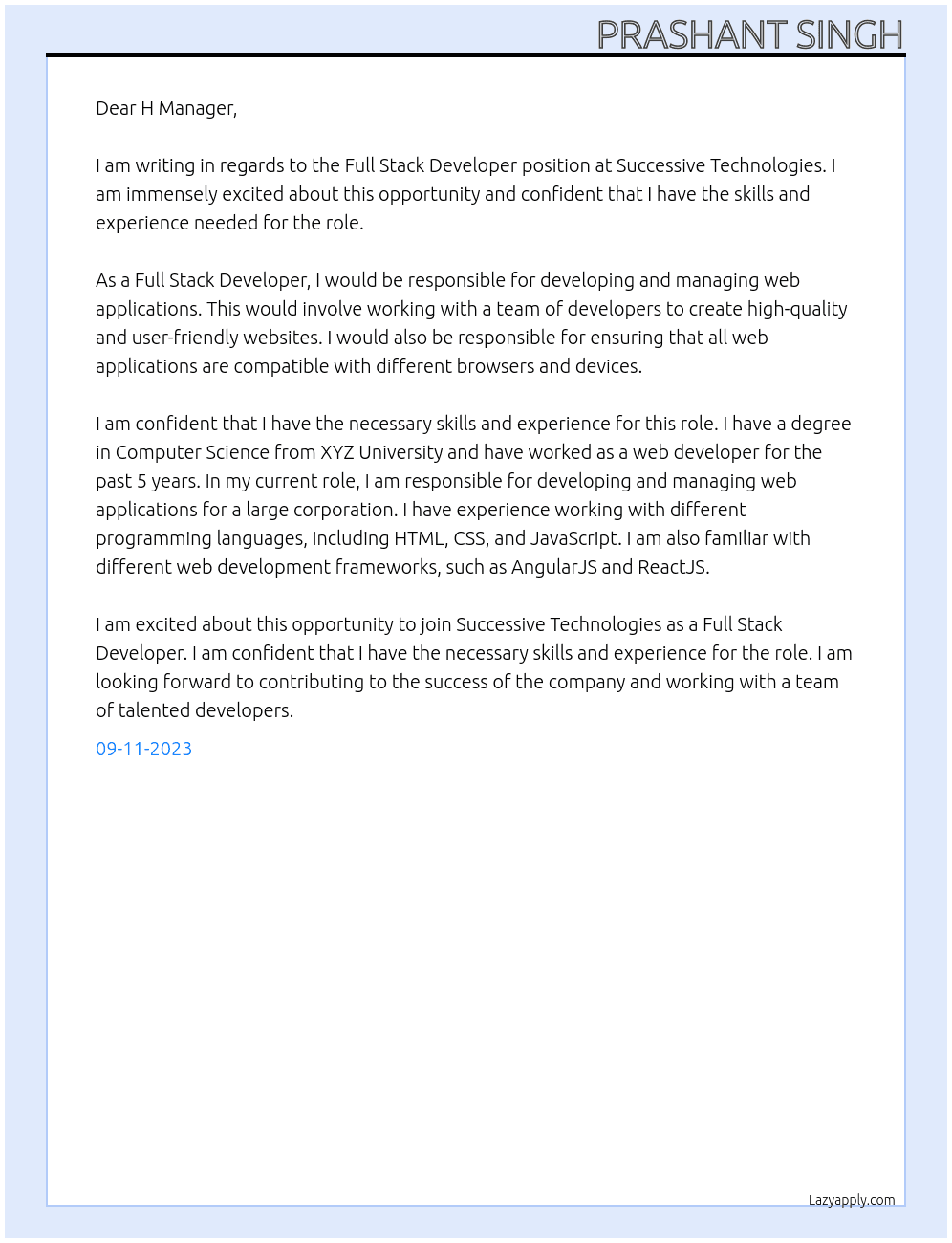 Full Stack Developer At Successive Technologies Cover Letter