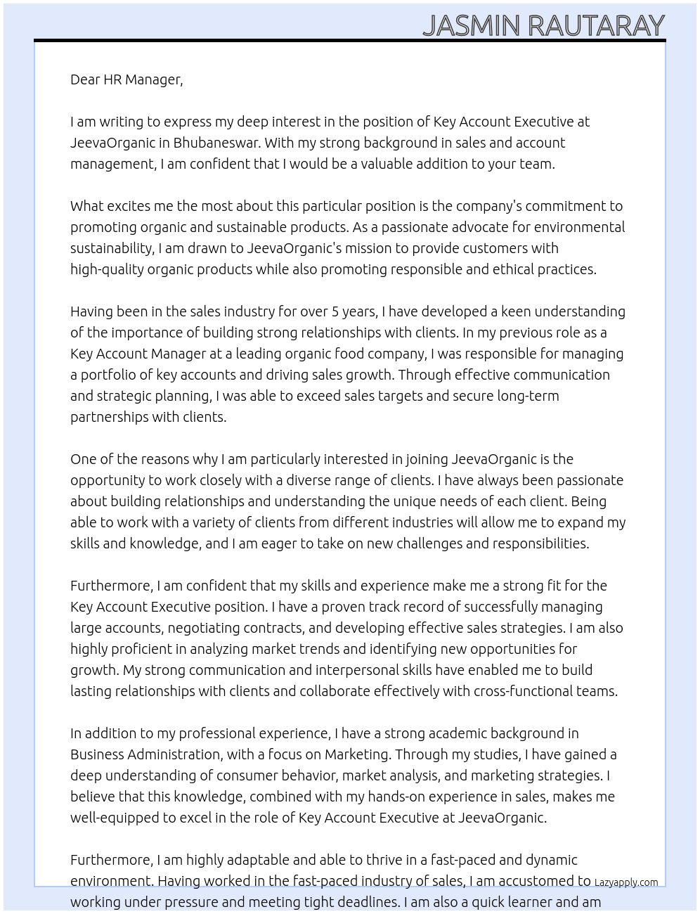 Key Account Executive At JeevaOrganic Cover Letter