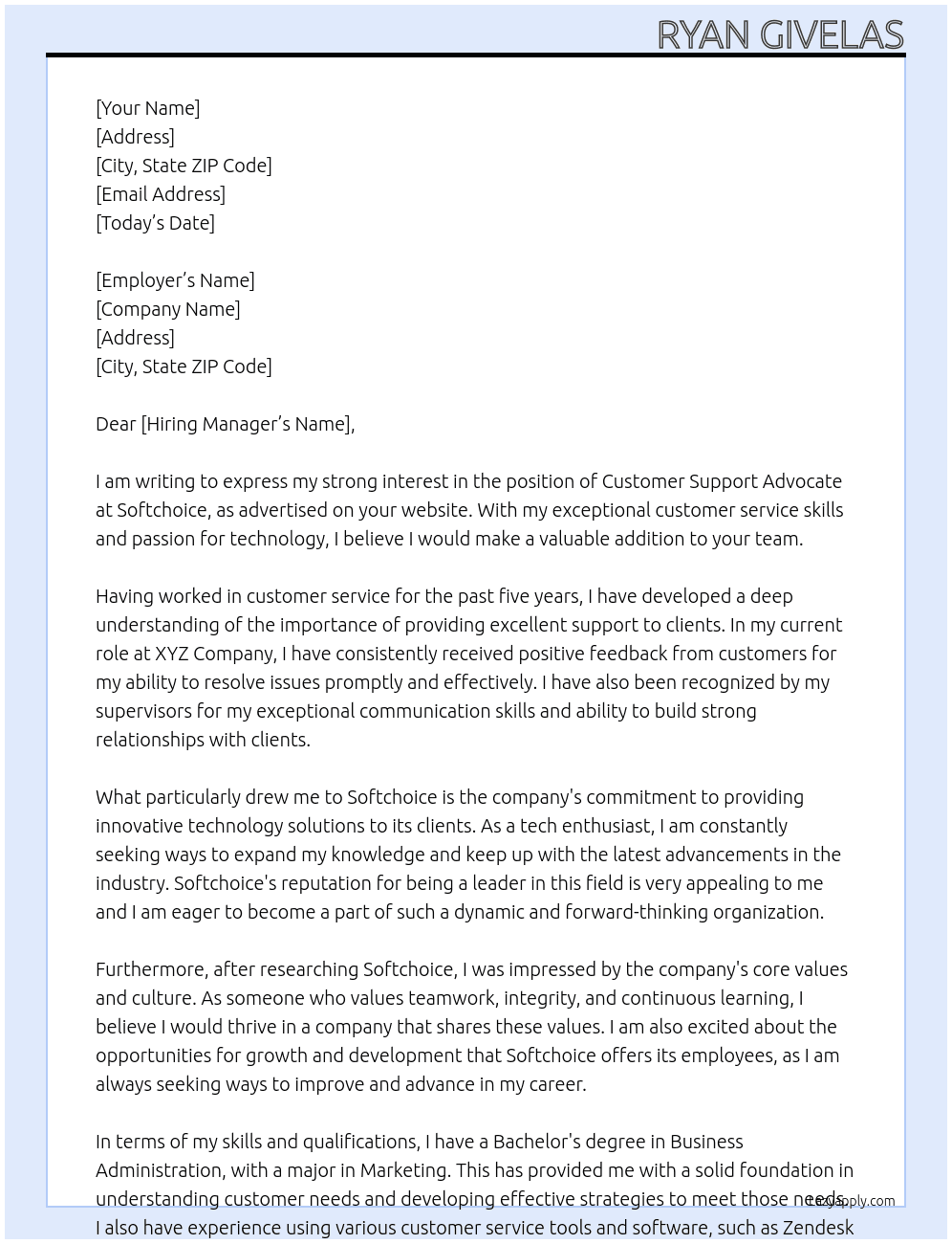 Customer Support Advocate At Softchoice Cover Letter