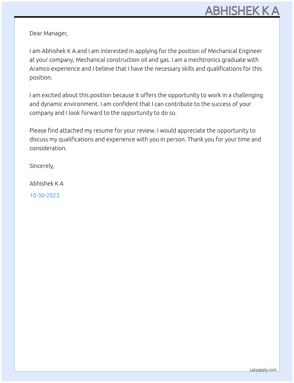 Mechanical engineer At Mechanical construction oil and gas Cover Letter