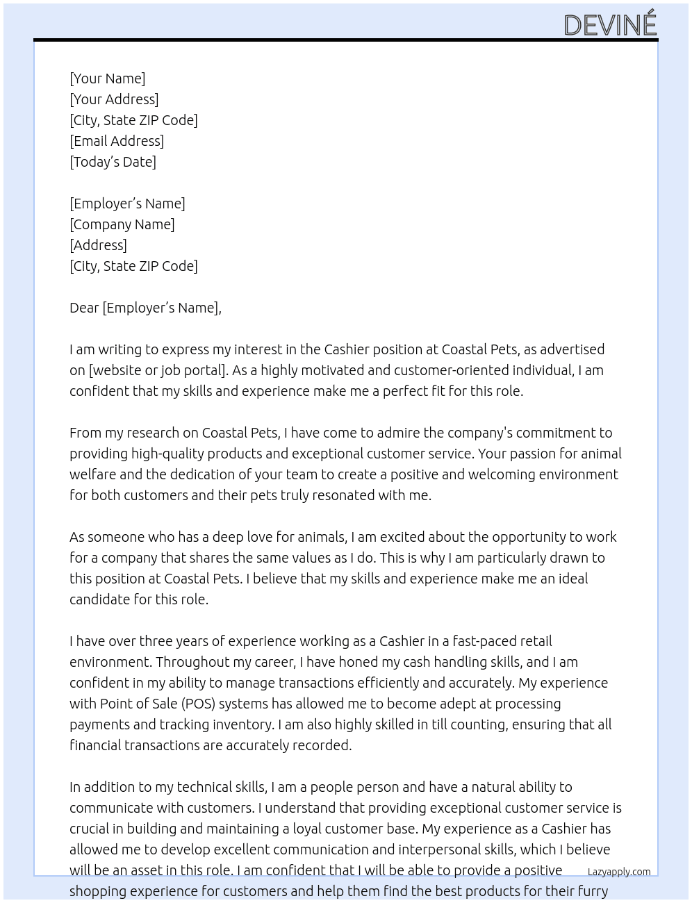 Cashier At Coastal Pets Cover Letter