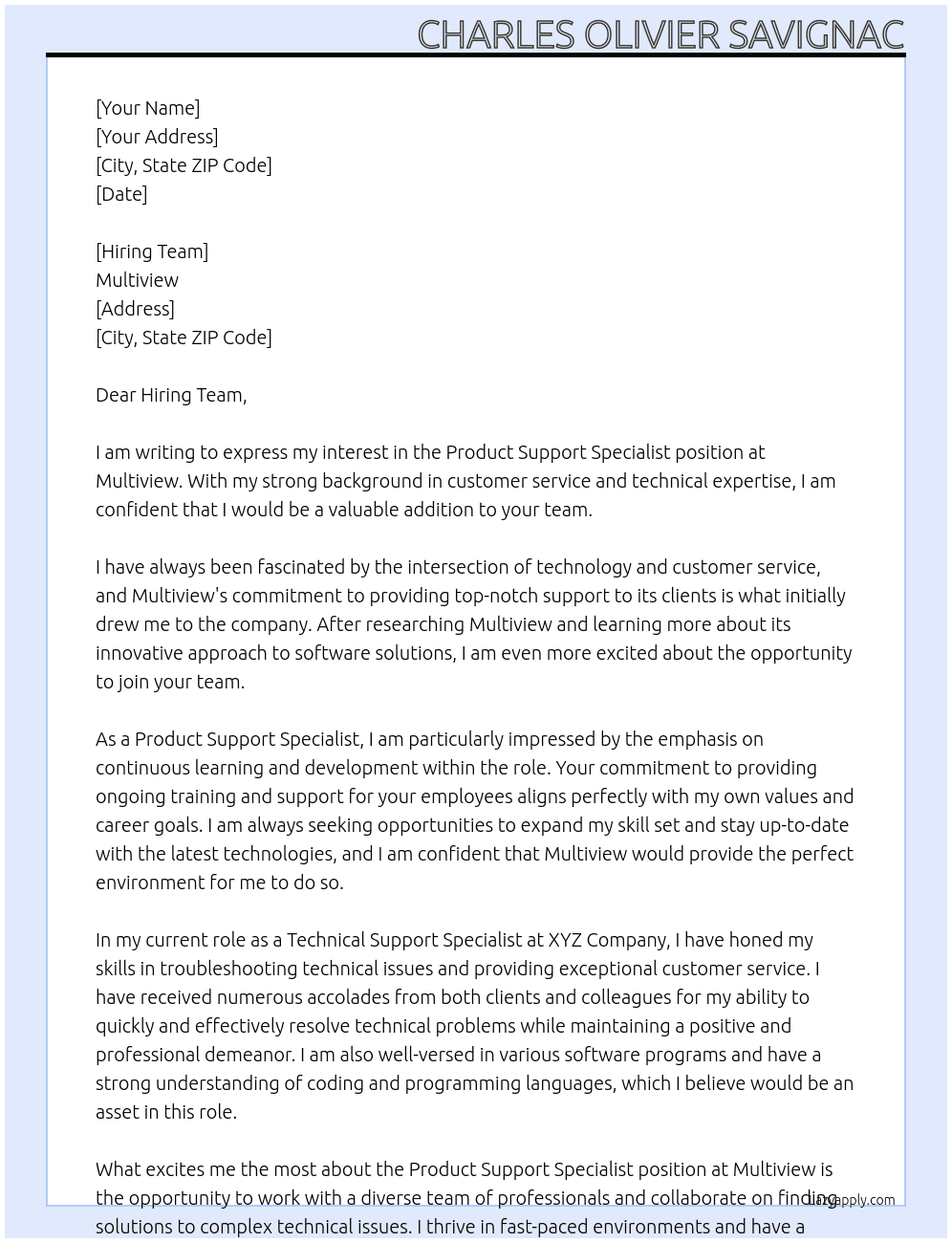 Product Support Specialist At Multiview Cover Letter