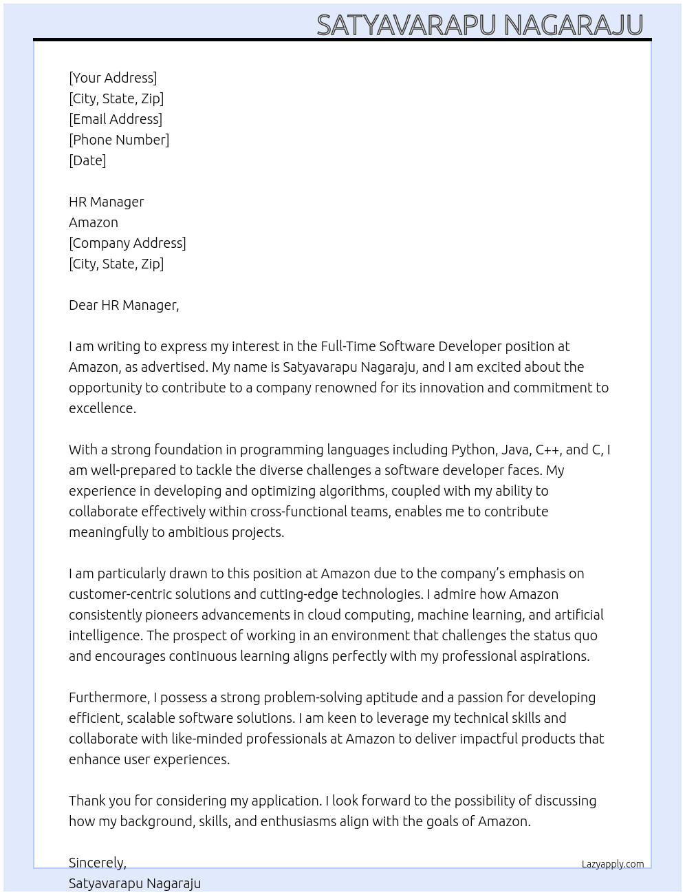 Software developer  At Amazon  Cover Letter