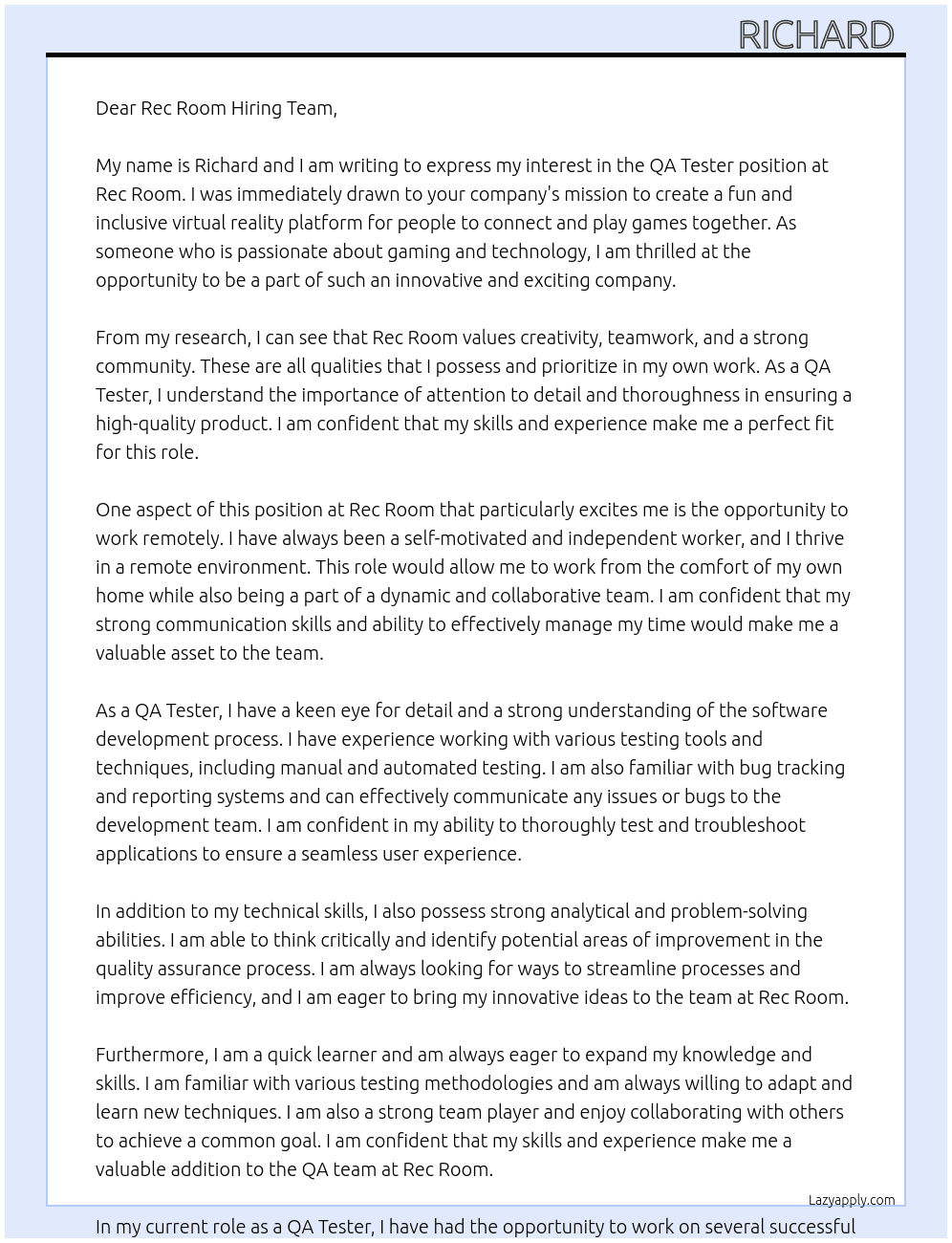 QA Tester At Rec Room Cover Letter