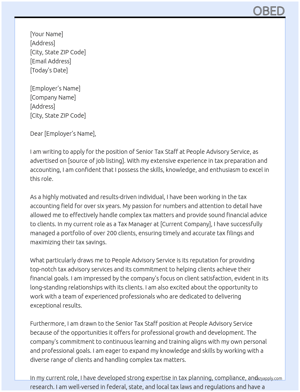 Senior tax staff At People advisory service Cover Letter