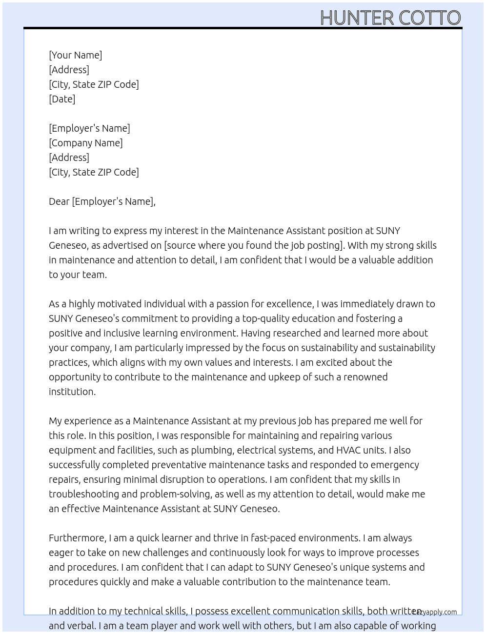 Maintenance assistant  At SUNY Geneseo  Cover Letter
