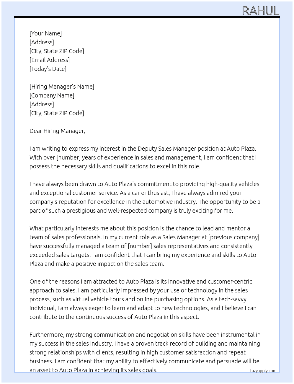 Deputy Sales Manager At Auto Plaza Cover Letter