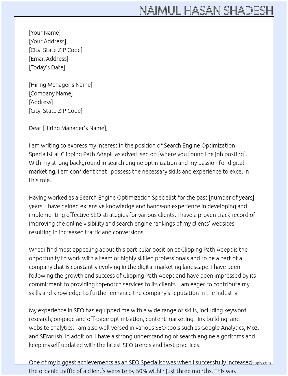 Search Engine Optimization Specialist At Clipping Path Adept Cover Letter