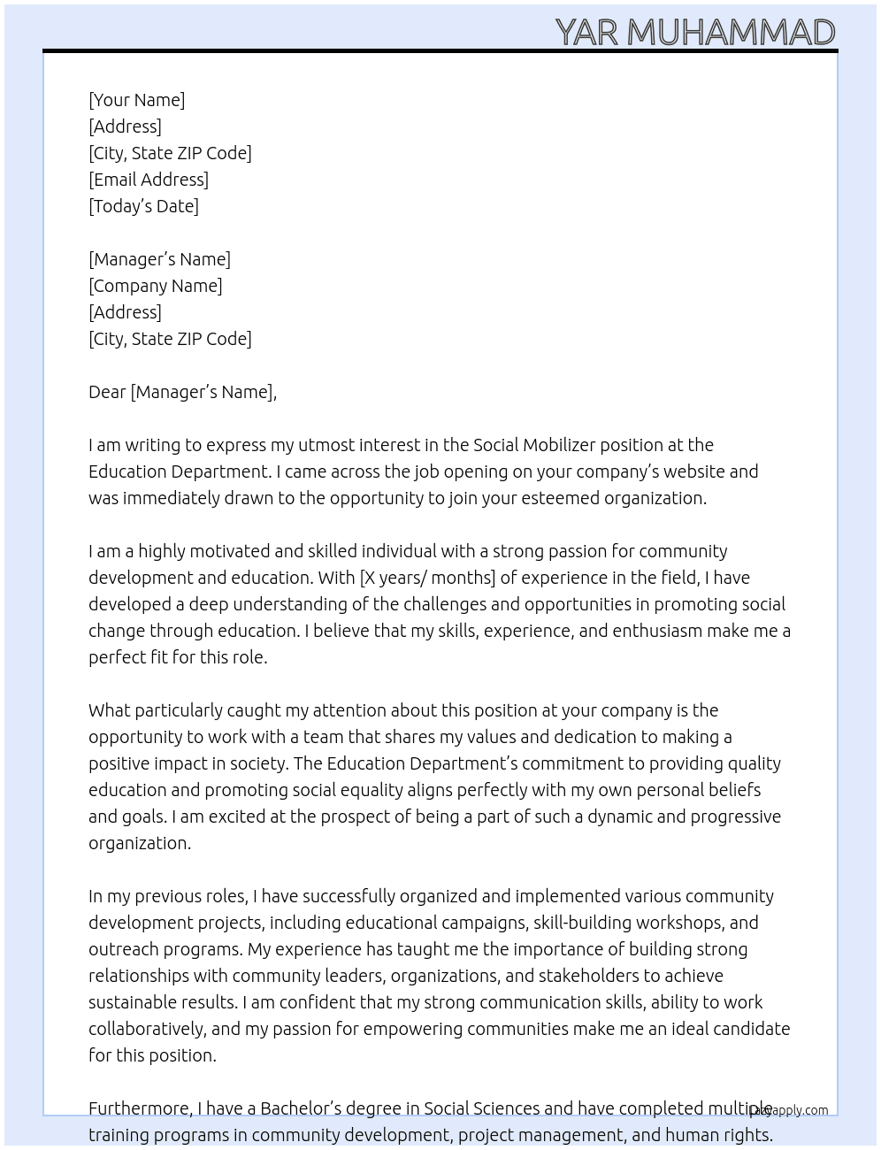 Social moblizer  At Education department  Cover Letter